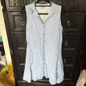 Mo Vint Sleeveless Blue White Button Down A-Line Collar Shirt Dress Size M